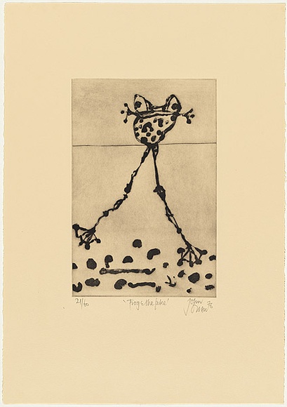 Artist: b'Olsen, John.' | Title: b'Frog and the lake' | Date: 1976 | Technique: b'sugarlift and engraving, printed in black ink with plate-tone, from one zinc plate' | Copyright: b'\xc2\xa9 John Olsen. Licensed by VISCOPY, Australia' Artist: b'Olsen, John.' | Title: b'Frog and the lake' | Date: 1976 | Technique: b'sugarlift and engraving, printed in black ink with plate-tone, from one zinc plate' | Copyright: b'\xc2\xa9 John Olsen. Licensed by VISCOPY, Australia'
