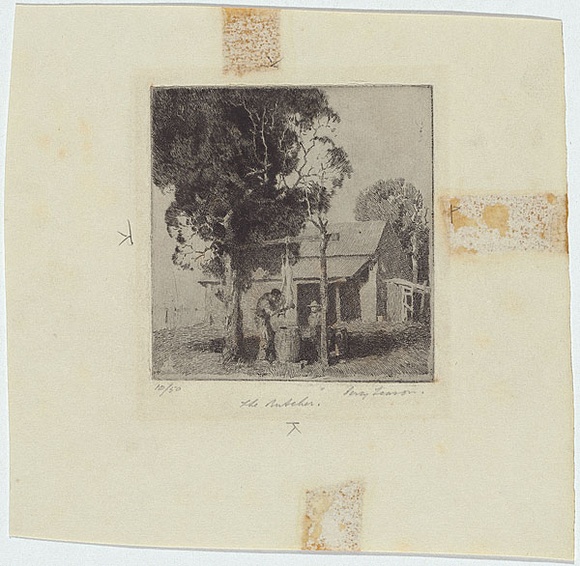 Artist: b'Leason, Percy.' | Title: b'The butcher.' | Date: c.1915 | Technique: b'etching and drypoint, printed in black ink with plate-tone, from one plate' | Copyright: b'Permission granted in memory of Percy Leason' Artist: b'Leason, Percy.' | Title: b'The butcher.' | Date: c.1915 | Technique: b'etching and drypoint, printed in black ink with plate-tone, from one plate' | Copyright: b'Permission granted in memory of Percy Leason'