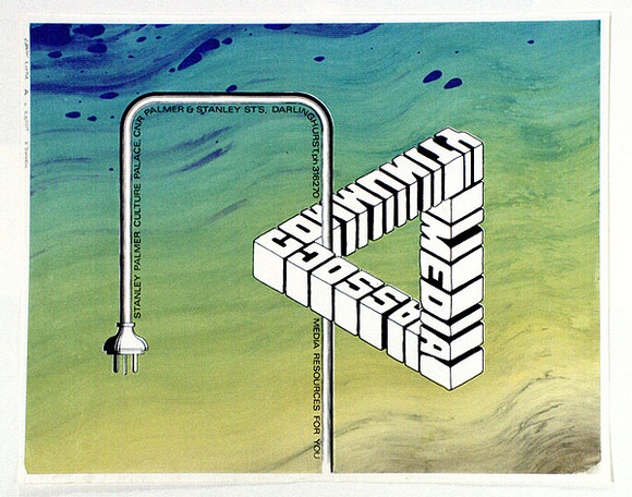 Artist: bO'Donnell, Kerry. | Title: b'Community Media Assoc' | Technique: b'screenprint, printed in colour, from multiple stencils'