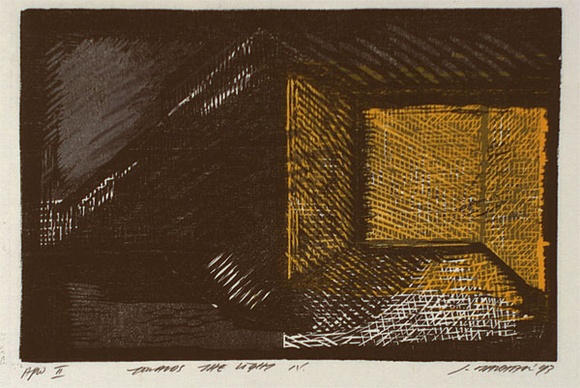 Artist: b'Marshall, Jennifer.' | Title: b'Towards the light IV' | Date: 1993 | Technique: b'linocut and woodcut, printed in colour, from three blocks; handcoloured with grey pastel' Artist: b'Marshall, Jennifer.' | Title: b'Towards the light IV' | Date: 1993 | Technique: b'linocut and woodcut, printed in colour, from three blocks; handcoloured with grey pastel'