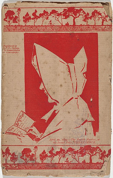 Artist: b'Ashton, Julian.' | Title: b'Cover for The Bookfellow, 29th April 1899.' | Date: 1899 | Technique: b'engraving, printed in red ink, from one block' Artist: b'Ashton, Julian.' | Title: b'Cover for The Bookfellow, 29th April 1899.' | Date: 1899 | Technique: b'engraving, printed in red ink, from one block'