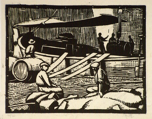 Artist: b'Hawkins, Weaver.' | Title: b'Loading wine' | Date: c.1926 | Technique: b'woodcut, printed in black ink, from one block' | Copyright: b'The Estate of H.F Weaver Hawkins' Artist: b'Hawkins, Weaver.' | Title: b'Loading wine' | Date: c.1926 | Technique: b'woodcut, printed in black ink, from one block' | Copyright: b'The Estate of H.F Weaver Hawkins'