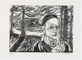 Artist: b'Zofrea, Salvatore.' | Title: b'Self-portrait at Manly Beach.' | Date: 1994-99 | Technique: b'woodcut, printed in black ink, from one magnolia woodblock' | Copyright: b'\xc2\xa9 Salvatore Zofrea, 1994-1999'