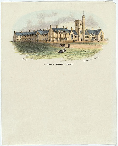 Artist: b'GILL, S.T.' | Title: bSt. Paul's College. | Date: c.1850 | Technique: b'lithograph, printed in black ink, from one stone; hand-coloured' Artist: b'GILL, S.T.' | Title: bSt. Paul's College. | Date: c.1850 | Technique: b'lithograph, printed in black ink, from one stone; hand-coloured'