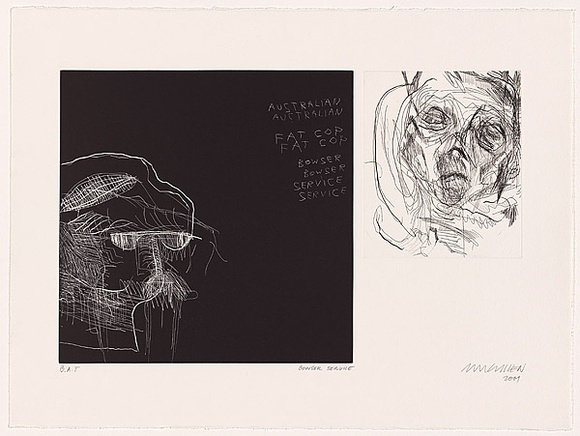 Artist: b'Cullen, Adam.' | Title: b'Bowser service' | Date: 2001 | Technique: b'etching, spit-bite aquatint and relief , printed in black ink, from two plates' Artist: b'Cullen, Adam.' | Title: b'Bowser service' | Date: 2001 | Technique: b'etching, spit-bite aquatint and relief , printed in black ink, from two plates'