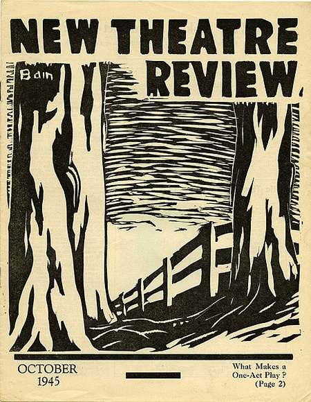 Title: b'New theatre review: October 1945' | Date: September 1945 | Technique: b'linocut, printed in black ink, from one block; letterpress text' Title: b'New theatre review: October 1945' | Date: September 1945 | Technique: b'linocut, printed in black ink, from one block; letterpress text'