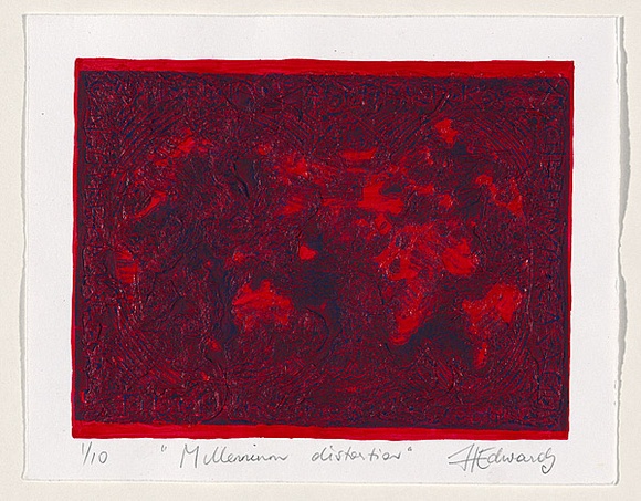 Title: b'Millennium distortion.' | Date: 1999 | Technique: b'linocut, printed in blue ink, from one block; collaged and painted surface' Title: b'Millennium distortion.' | Date: 1999 | Technique: b'linocut, printed in blue ink, from one block; collaged and painted surface'