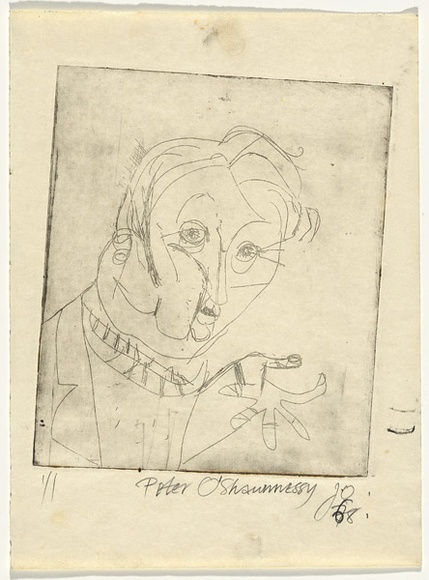 Artist: b'Olsen, John.' | Title: bPeter O'Shaunnessy | Date: 1968 | Technique: b'etching and drypoint, printed in black ink, from one plate' | Copyright: b'\xc2\xa9 John Olsen. Licensed by VISCOPY, Australia' Artist: b'Olsen, John.' | Title: bPeter O'Shaunnessy | Date: 1968 | Technique: b'etching and drypoint, printed in black ink, from one plate' | Copyright: b'\xc2\xa9 John Olsen. Licensed by VISCOPY, Australia'