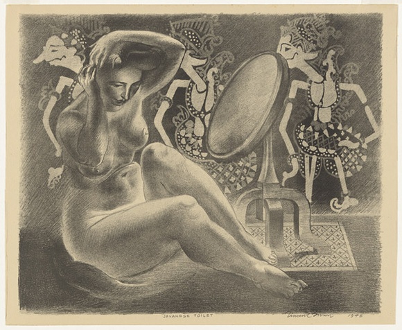 Artist: b'Brown, Vincent.' | Title: b'Javanese toilet.' | Date: 1948 | Technique: b'chalk-lithograph, printed in black ink, from one aluminium plate' Artist: b'Brown, Vincent.' | Title: b'Javanese toilet.' | Date: 1948 | Technique: b'chalk-lithograph, printed in black ink, from one aluminium plate'