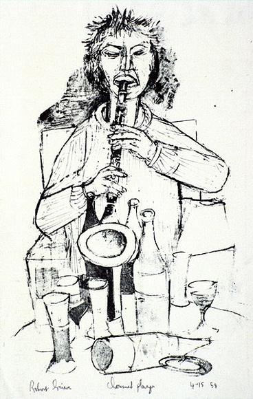 Artist: b'Grieve, Robert.' | Title: b'Clarinet player' | Date: 1958 | Technique: b'lithograph, printed in blue-black from one stone' Artist: b'Grieve, Robert.' | Title: b'Clarinet player' | Date: 1958 | Technique: b'lithograph, printed in blue-black from one stone'