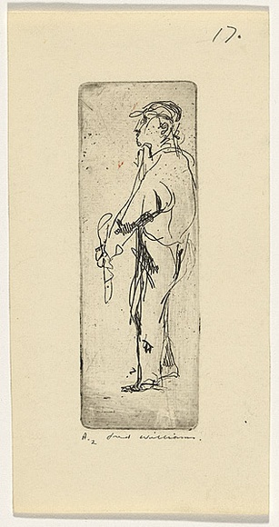 Artist: b'WILLIAMS, Fred' | Title: b'The jockey' | Date: 1955-56 | Technique: b'etching, flat biting, printed in black ink, from one zinc plate' | Copyright: b'\xc2\xa9 Fred Williams Estate' Artist: b'WILLIAMS, Fred' | Title: b'The jockey' | Date: 1955-56 | Technique: b'etching, flat biting, printed in black ink, from one zinc plate' | Copyright: b'\xc2\xa9 Fred Williams Estate'