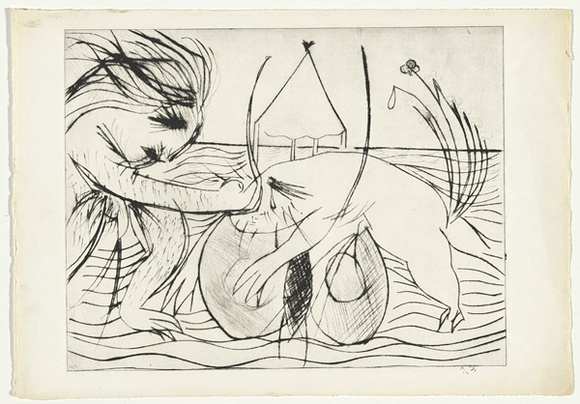 Artist: b'BOYD, Arthur' | Title: b'Figure with beast and moth over water.' | Date: (1968-69) | Technique: b'drypoint, printed in black ink, from one plate' | Copyright: b'Reproduced with permission of Bundanon Trust' Artist: b'BOYD, Arthur' | Title: b'Figure with beast and moth over water.' | Date: (1968-69) | Technique: b'drypoint, printed in black ink, from one plate' | Copyright: b'Reproduced with permission of Bundanon Trust'