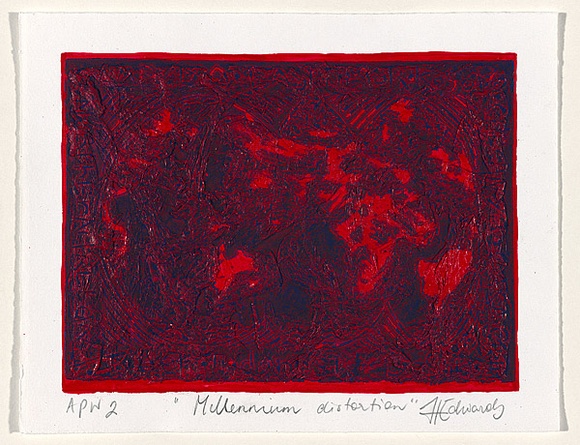 Artist: b'Edwards, Helen.' | Title: b'Millennium distortion' | Date: 1999, 29 October | Technique: b'linocut, printed in blue ink, from one block; collaged and painted surface' Artist: b'Edwards, Helen.' | Title: b'Millennium distortion' | Date: 1999, 29 October | Technique: b'linocut, printed in blue ink, from one block; collaged and painted surface'