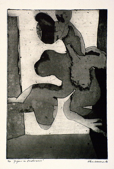 Artist: b'BALDESSIN, George' | Title: b'Figure in enclosure.' | Date: 1964 | Technique: b'etching and aquatint, printed in black ink, from one plate' Artist: b'BALDESSIN, George' | Title: b'Figure in enclosure.' | Date: 1964 | Technique: b'etching and aquatint, printed in black ink, from one plate'