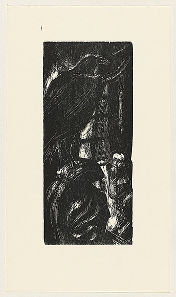 Artist: b'AMOR, Rick' | Title: b'not titled (large raven and cowering man 2).' | Date: (1990) | Technique: b'woodcut, printed in black ink, from one block' Artist: b'AMOR, Rick' | Title: b'not titled (large raven and cowering man 2).' | Date: (1990) | Technique: b'woodcut, printed in black ink, from one block'