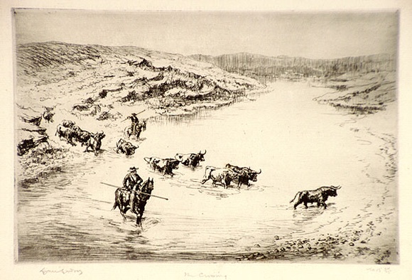 Artist: b'LINDSAY, Lionel' | Title: b'The crossing' | Date: 1923 | Technique: b'etching, drypoint, printed in black ink with plate-tone, from one plate' | Copyright: b'Courtesy of the National Library of Australia' Artist: b'LINDSAY, Lionel' | Title: b'The crossing' | Date: 1923 | Technique: b'etching, drypoint, printed in black ink with plate-tone, from one plate' | Copyright: b'Courtesy of the National Library of Australia'