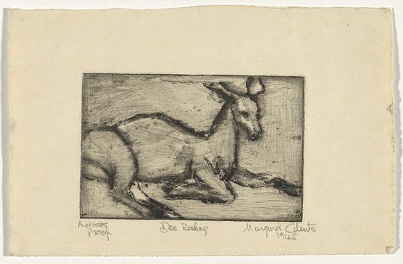 Artist: b'Cilento, Margaret.' | Title: b'Doe resting.' | Date: 1948 | Technique: b'etching, printed in black ink with plate-tone, from one plate' Artist: b'Cilento, Margaret.' | Title: b'Doe resting.' | Date: 1948 | Technique: b'etching, printed in black ink with plate-tone, from one plate'