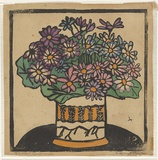 Artist: PRESTON, Margaret | Title: Cinerarias | Date: c.1927 | Technique: woodcut, printed in black ink, from one block; hand-coloured | Copyright: © Margaret Preston. Licensed by VISCOPY, Australia