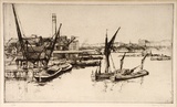 Artist: b'Long, Sydney.' | Title: b'The river from Blackfriars Bridge' | Date: 1925 | Technique: b'line-etching, drypoint, printed in black ink from one copper plate' | Copyright: b'Reproduced with the kind permission of the Ophthalmic Research Institute of Australia'