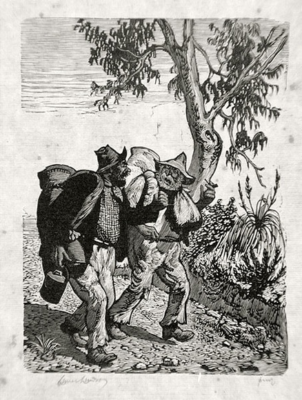 Artist: b'LINDSAY, Lionel' | Title: b'Two sundowners, Brunny and Swampy' | Date: 1939 | Technique: b'wood-engraving, printed in black ink, from one block' | Copyright: b'Courtesy of the National Library of Australia' Artist: b'LINDSAY, Lionel' | Title: b'Two sundowners, Brunny and Swampy' | Date: 1939 | Technique: b'wood-engraving, printed in black ink, from one block' | Copyright: b'Courtesy of the National Library of Australia'