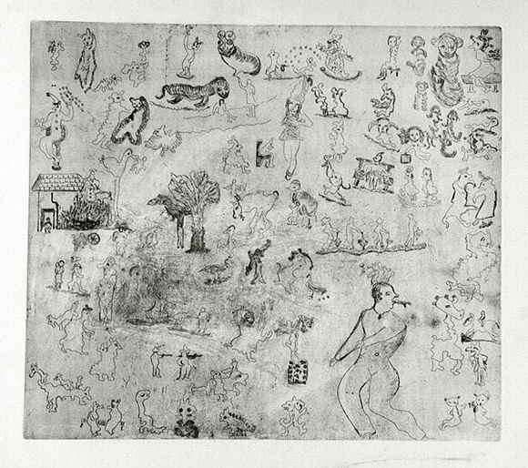 Artist: b'Shearer, Mitzi.' | Title: b'Bulliwutzies I' | Date: 1980 | Technique: b'etching, printed in black ink with plate-tone, from one  plate'