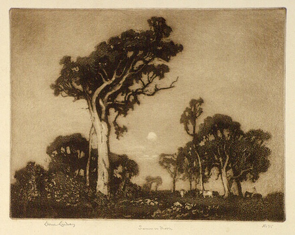 Artist: b'LINDSAY, Lionel' | Title: b'Summer moon, Wahroonga, Sydney' | Date: 1925 | Technique: b'aquatint and burnishing, printed in brown ink, from one plate' | Copyright: b'Courtesy of the National Library of Australia' Artist: b'LINDSAY, Lionel' | Title: b'Summer moon, Wahroonga, Sydney' | Date: 1925 | Technique: b'aquatint and burnishing, printed in brown ink, from one plate' | Copyright: b'Courtesy of the National Library of Australia'