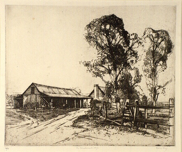 Artist: b'Long, Sydney.' | Title: b<p>The blacksmith's shop</p> | Date: (1928) | Technique: b'line-etching, printed in black ink from one copper plate' | Copyright: b'Reproduced with the kind permission of the Ophthalmic Research Institute of Australia' Artist: b'Long, Sydney.' | Title: b<p>The blacksmith's shop</p> | Date: (1928) | Technique: b'line-etching, printed in black ink from one copper plate' | Copyright: b'Reproduced with the kind permission of the Ophthalmic Research Institute of Australia'