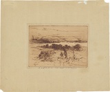 Artist: MINNS, B.E. | Title: not titled [Gathering flowers, with Sydney Harbour in the background] | Date: 1893 | Technique: etching, printed in brown ink with plate-tone, from one plate