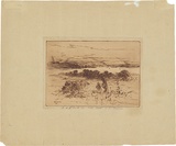 Artist: Minns, B.E. | Title: not titled [Gathering flowers, with Sydney Harbour in the background] | Date: 1893 | Technique: etching, printed in brown ink with plate-tone, from one plate