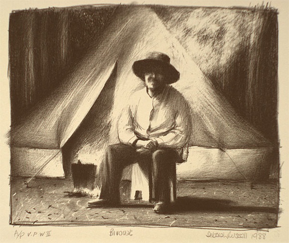 Artist: b'Russell,, Deborah.' | Title: b'Bivouac' | Date: 1988 | Technique: b'lithograph, printed in black ink, from one stone' Artist: b'Russell,, Deborah.' | Title: b'Bivouac' | Date: 1988 | Technique: b'lithograph, printed in black ink, from one stone'