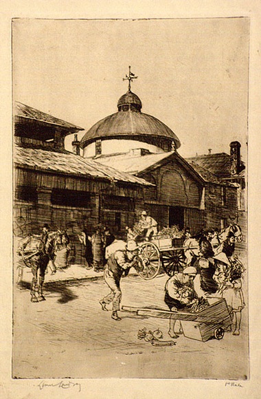 Artist: b'LINDSAY, Lionel' | Title: b'George Street Market' | Date: 1914 | Technique: b'etching, printed in brown ink with plate-tone, from one plate' | Copyright: b'Courtesy of the National Library of Australia' Artist: b'LINDSAY, Lionel' | Title: b'George Street Market' | Date: 1914 | Technique: b'etching, printed in brown ink with plate-tone, from one plate' | Copyright: b'Courtesy of the National Library of Australia'