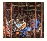 Artist: ZOFREA, Salvatore | Title: Woman marries off oldest daughter. | Date: 1989 | Technique: woodcut, printed in black, from one block; hand-coloured | Copyright: © Salvatore Zofrea, 1989