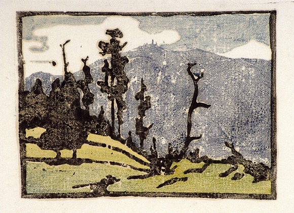 Artist: b'Pye, Mabel.' | Title: b'Dark hills and black trees' | Date: c.1933 | Technique: b'linocut, printed in colour inks, from multiple blocks' Artist: b'Pye, Mabel.' | Title: b'Dark hills and black trees' | Date: c.1933 | Technique: b'linocut, printed in colour inks, from multiple blocks'