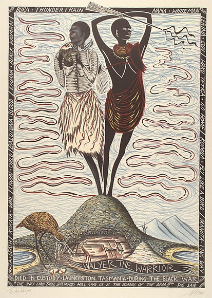 Artist: b'McMahon, Marie.' | Title: b'The two Walyers' | Date: 1988 | Technique: b'lithograph, printed in colour, from multiple stones' | Copyright: b'\xc2\xa9 Marie McMahon. Licensed by VISCOPY, Australia' Artist: b'McMahon, Marie.' | Title: b'The two Walyers' | Date: 1988 | Technique: b'lithograph, printed in colour, from multiple stones' | Copyright: b'\xc2\xa9 Marie McMahon. Licensed by VISCOPY, Australia'