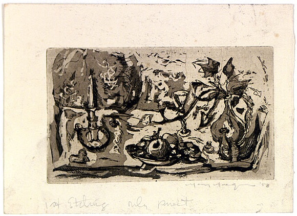 Artist: b'MACQUEEN, Mary' | Title: b'Still life' | Date: 1958 | Technique: b'aquatint and etching, printed in brown ink, from one plate' | Copyright: b'Courtesy Paulette Calhoun, for the estate of Mary Macqueen' Artist: b'MACQUEEN, Mary' | Title: b'Still life' | Date: 1958 | Technique: b'aquatint and etching, printed in brown ink, from one plate' | Copyright: b'Courtesy Paulette Calhoun, for the estate of Mary Macqueen'