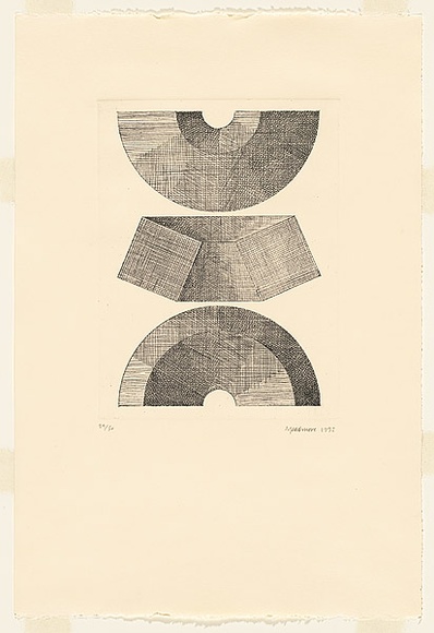 Artist: b'Meadmore, Clement.' | Title: b'Three views of half circle module with square cross-section titled at 22 1/2 degrees' | Date: 1992 | Technique: b'etching, printed in black ink, from, one plate' Artist: b'Meadmore, Clement.' | Title: b'Three views of half circle module with square cross-section titled at 22 1/2 degrees' | Date: 1992 | Technique: b'etching, printed in black ink, from, one plate'