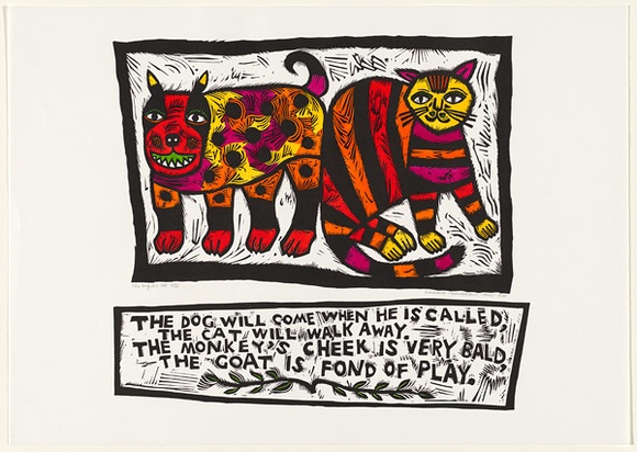 Artist: b'HANRAHAN, Barbara' | Title: b'The dog, the cat' | Date: 1962 | Technique: b'linocut, printed in black ink, from two blocks, hand-coloured' Artist: b'HANRAHAN, Barbara' | Title: b'The dog, the cat' | Date: 1962 | Technique: b'linocut, printed in black ink, from two blocks, hand-coloured'