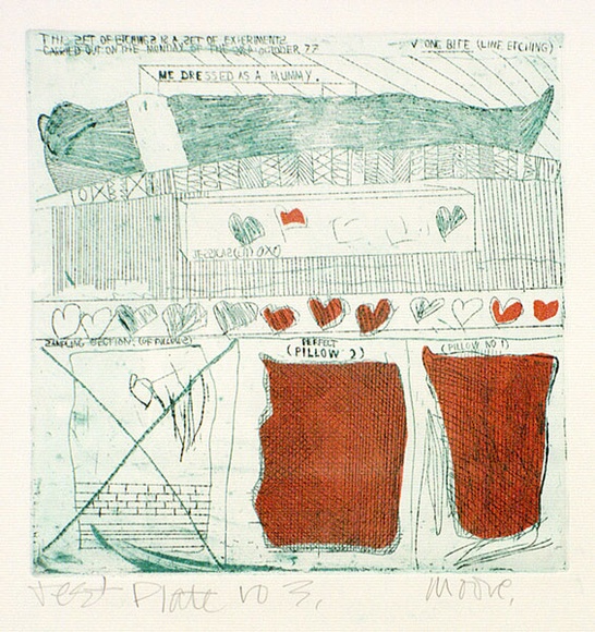 Artist: b'Moore, Mary.' | Title: b'Me dressed as a Mummy' | Date: 1977 | Technique: b'etching printed in green ink, from one plate, with stencils printed in orange' | Copyright: b'\xc2\xa9 Mary Moore' Artist: b'Moore, Mary.' | Title: b'Me dressed as a Mummy' | Date: 1977 | Technique: b'etching printed in green ink, from one plate, with stencils printed in orange' | Copyright: b'\xc2\xa9 Mary Moore'