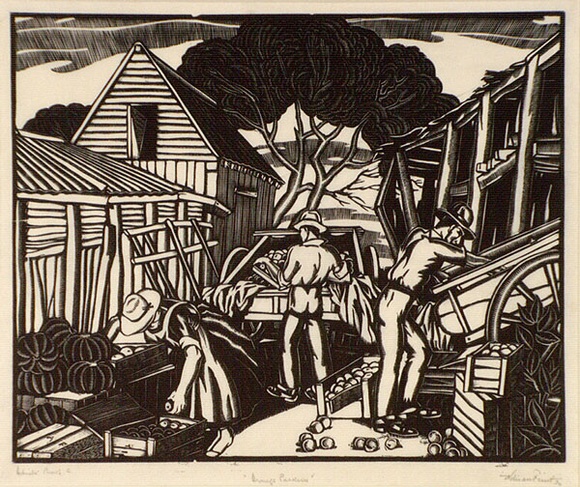 Artist: b'FEINT, Adrian' | Title: b'Orange packers.' | Date: 1930 | Technique: b'wood-engraving, printed in black ink, from one block' | Copyright: b'Courtesy the Estate of Adrian Feint' Artist: b'FEINT, Adrian' | Title: b'Orange packers.' | Date: 1930 | Technique: b'wood-engraving, printed in black ink, from one block' | Copyright: b'Courtesy the Estate of Adrian Feint'