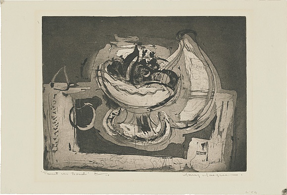 Artist: b'MACQUEEN, Mary' | Title: b'Fruit in bowl.' | Date: 1959 | Technique: b'aquatint, etching, drypoint and burnishing, printed in black ink, from one plate' | Copyright: b'Courtesy Paulette Calhoun, for the estate of Mary Macqueen' Artist: b'MACQUEEN, Mary' | Title: b'Fruit in bowl.' | Date: 1959 | Technique: b'aquatint, etching, drypoint and burnishing, printed in black ink, from one plate' | Copyright: b'Courtesy Paulette Calhoun, for the estate of Mary Macqueen'