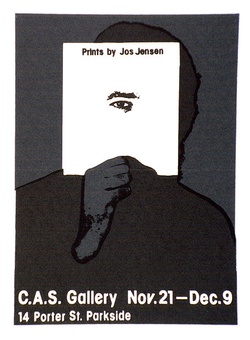 Artist: Jensen, Jos. | Title: Exhibition invitation: Prints by Jos Jensen C.A.S. Gallery. Adelaide | Date: 1974 (about) | Technique: screenprint, printed in colour inks, from two stencils