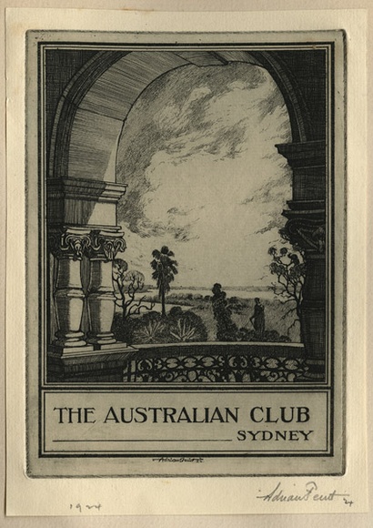 Artist: b'FEINT, Adrian' | Title: b'Bookplate: The Australian Club, Sydney.' | Date: 1924 | Technique: b'etching, printed in black ink with plate-tone, from one plate' | Copyright: b'Courtesy the Estate of Adrian Feint' Artist: b'FEINT, Adrian' | Title: b'Bookplate: The Australian Club, Sydney.' | Date: 1924 | Technique: b'etching, printed in black ink with plate-tone, from one plate' | Copyright: b'Courtesy the Estate of Adrian Feint'