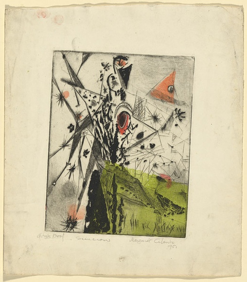 Artist: b'Cilento, Margaret.' | Title: b'Scarecrow.' | Date: 1951 | Technique: b'colour engraving, aquatint, stencil and printed with plate-tone' Artist: b'Cilento, Margaret.' | Title: b'Scarecrow.' | Date: 1951 | Technique: b'colour engraving, aquatint, stencil and printed with plate-tone'