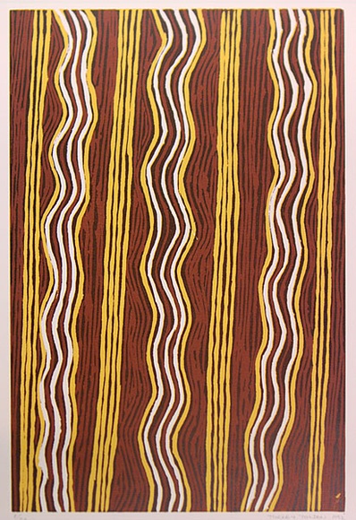 Artist: b'Tjupurrula, Turkey Tolsen' | Title: b'not titled [Water running over the ground]' | Date: 1992 | Technique: b'linocut, printed in colour, from three blocks'