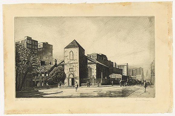 Artist: b'Morgan, Squire.' | Title: b'Scotch Church, Sydney' | Date: c.1930 | Technique: b'etching, printed in black ink, from one plate' Artist: b'Morgan, Squire.' | Title: b'Scotch Church, Sydney' | Date: c.1930 | Technique: b'etching, printed in black ink, from one plate'