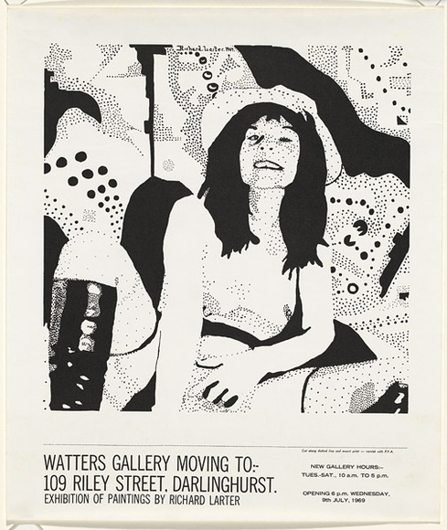 Artist: b'Larter, Richard.' | Title: b'Watters Gallery moving to: 109 Riley Street, Darlinghurst. Exhibition of paintings by Richard Larter.' | Date: 1969 | Technique: b'screenprint, printed in black ink, from one stencil' Artist: b'Larter, Richard.' | Title: b'Watters Gallery moving to: 109 Riley Street, Darlinghurst. Exhibition of paintings by Richard Larter.' | Date: 1969 | Technique: b'screenprint, printed in black ink, from one stencil'