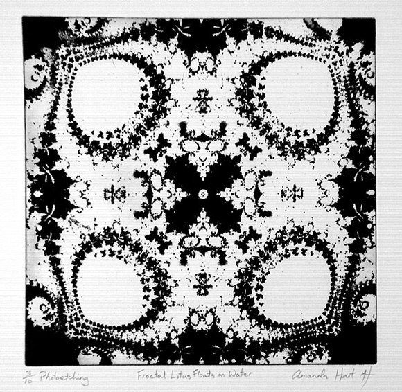 Artist: b'Hart, Amanda.' | Title: b'Fractal Lotus floats on water' | Date: 1994 | Technique: b'photo-etching and aquatint, printed in black ink with plate-tone, from one plate' Artist: b'Hart, Amanda.' | Title: b'Fractal Lotus floats on water' | Date: 1994 | Technique: b'photo-etching and aquatint, printed in black ink with plate-tone, from one plate'
