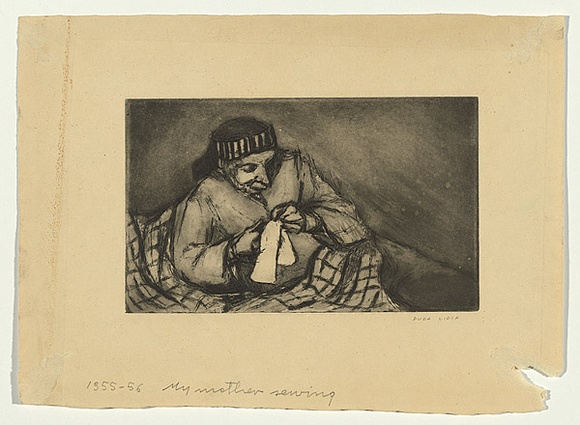 Artist: b'Groblicka, Lidia.' | Title: b'My mother sewing' | Date: 1955-56 | Technique: b'etching and aquatint, printed in black ink, from one plate' Artist: b'Groblicka, Lidia.' | Title: b'My mother sewing' | Date: 1955-56 | Technique: b'etching and aquatint, printed in black ink, from one plate'