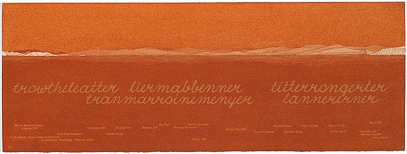 Artist: b'MADDOCK, Bea' | Title: b'Terra Spiritus...with a darker shade of pale' | Date: 1993-98 | Technique: b'stencil print, printed in hand-ground Launceston ochre from multiple hand-cut mylar stencils; letterpress text blind printed; hand-drawn script' Artist: b'MADDOCK, Bea' | Title: b'Terra Spiritus...with a darker shade of pale' | Date: 1993-98 | Technique: b'stencil print, printed in hand-ground Launceston ochre from multiple hand-cut mylar stencils; letterpress text blind printed; hand-drawn script'