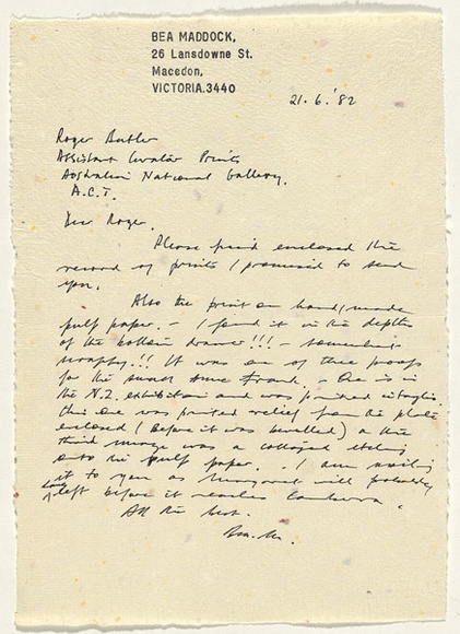 Artist: b'MADDOCK, Bea' | Title: b'Letter on hand-made paper' | Date: 1982